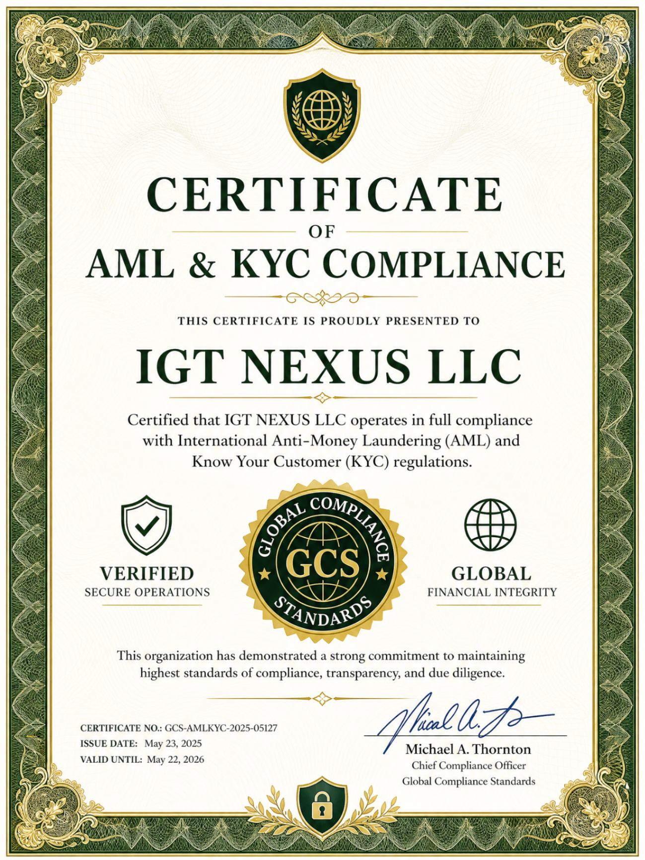 AML & KYC Compliance Certificate