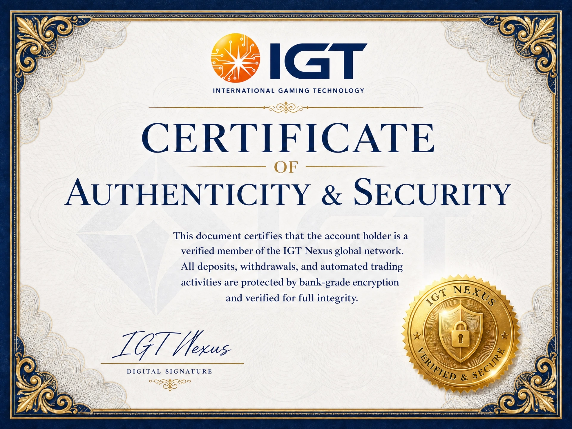 IGT Nexus Certificate of Authenticity and Security